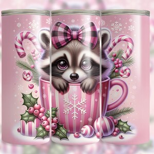 Cute Pink Christmas Tumbler Wrap, Baby Raccoon 20 Oz Skinny Tumbler Sublimation Design, Baby Raccoon PNG, Instant Download DIGITAL ONLY