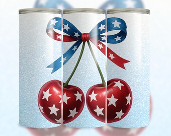 Vaso delgado de 20 oz con diseño de sublimación de cerezas patrióticas. Envoltura para vaso con cerezas. Diseño de vaso con temática del 4 de julio. Descarga digital PNG.