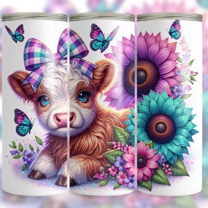 Highland Cow Tumbler Wrap PNG, 20oz Skinny Sublimation Tumbler Design, Floral Butterfly Sublimation Design, Instant Digital Download