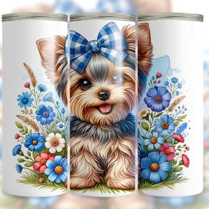 Yorkshire Terrier Tumbler Wrap, 20oz Skinny Tumbler Sublimation Design. Floral Yorkie Tumbler Design PNG, Instant Digital Download
