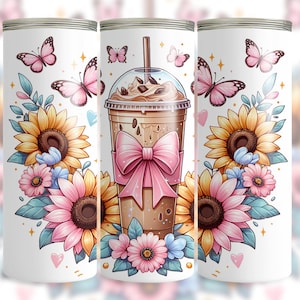 Floral Coffee Tumbler Wrap, 20oz Skinny Tumbler Sublimation Design, Coffee Lover PNG, Instant Digital Download