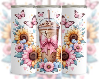 Floral Coffee Tumbler Wrap, 20oz Skinny Tumbler Sublimation Design, Coffee Lover PNG, Instant Digital Download
