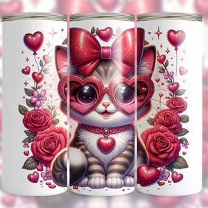 Valentine Cat Tumbler Wrap, Valentinstag 20 Unzen Skinny Tumbler Sublimationsdesign, Kätzchen Tumbler PNG Design, sofortiger digitaler Download
