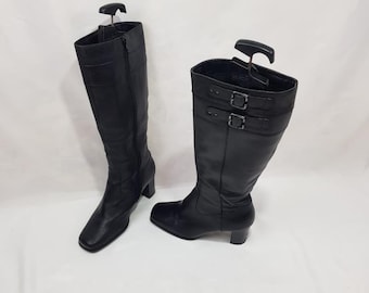 Square toe 90s boots, shoes women, vintage mod knee high boots, bachelorette party, black leather boots women, y2k fashion larp heeled boots