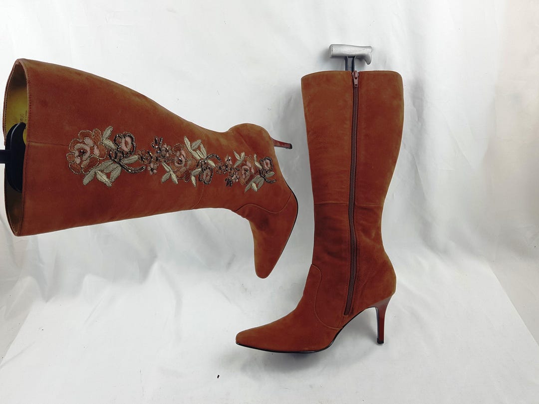 Vintage Brown Suede Leather Knee High Boots Women: Y2K Heels, US Size ...
