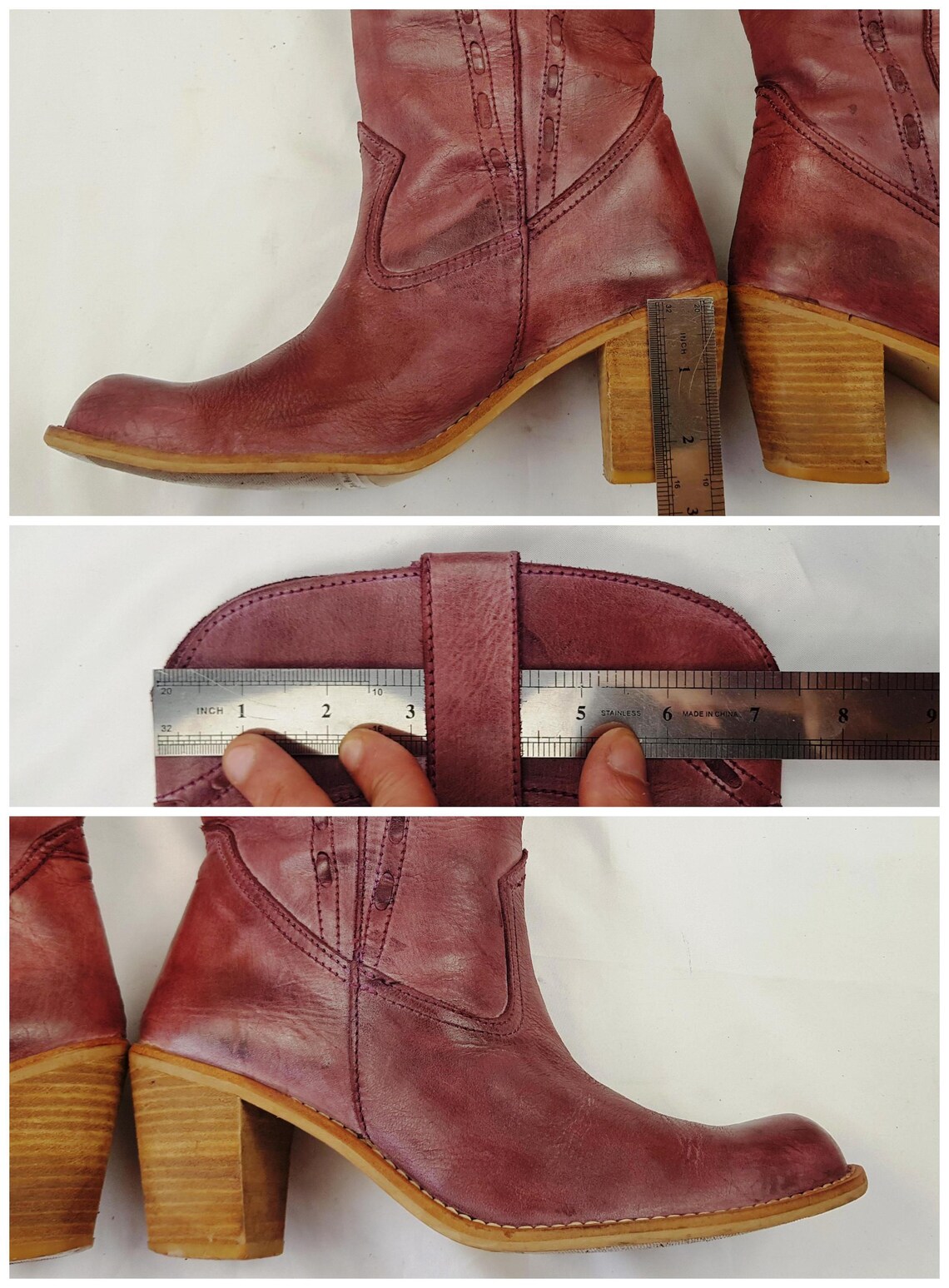 Western leather knee high heeled boots women: Y2K vintage red burgundy, size 7 US, foto 4 di 5