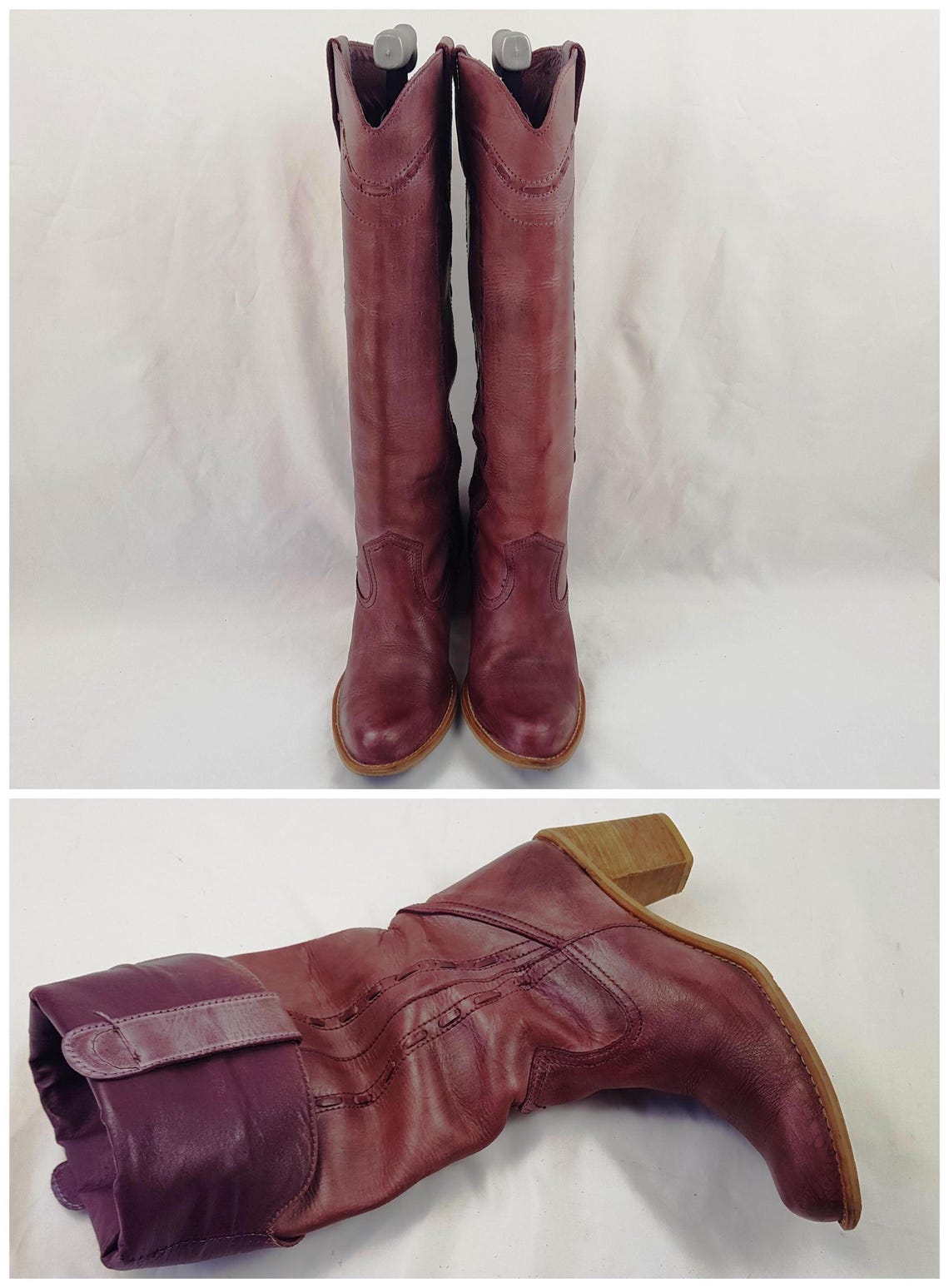 Western leather knee high heeled boots women: Y2K vintage red burgundy, size 7 US, foto 2 di 5