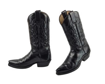 Stivali da cowboy western vintage in pelle nera, stile anni '90, punta affusolata, taglia 8 US
