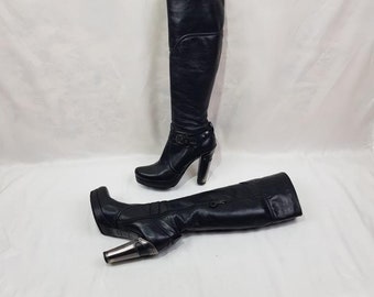 90s platform boots, y2k fashion knee high boots made in Italy, larp high heel long boots, black leather boots women, handmade stripper boots