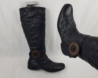 Boho womens leather knee high boots, shoes women, 90s vintage black boots with button, round toe boots size 9 US