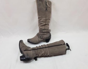 Leather knee high slouch boho boots women - Y2k vintage heeled, size 7 US