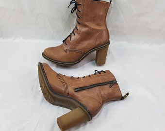 90s vintage lace up leather ankle boots high heels, booties for women, brown leather boots, shoes women, heeled womens boots size 10