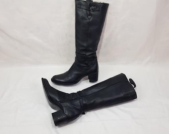 Renaissance knee high boots, shoes women, 90s black leather handmade boots women, tall buckle gogo boots, chunky heel vintage womens boots