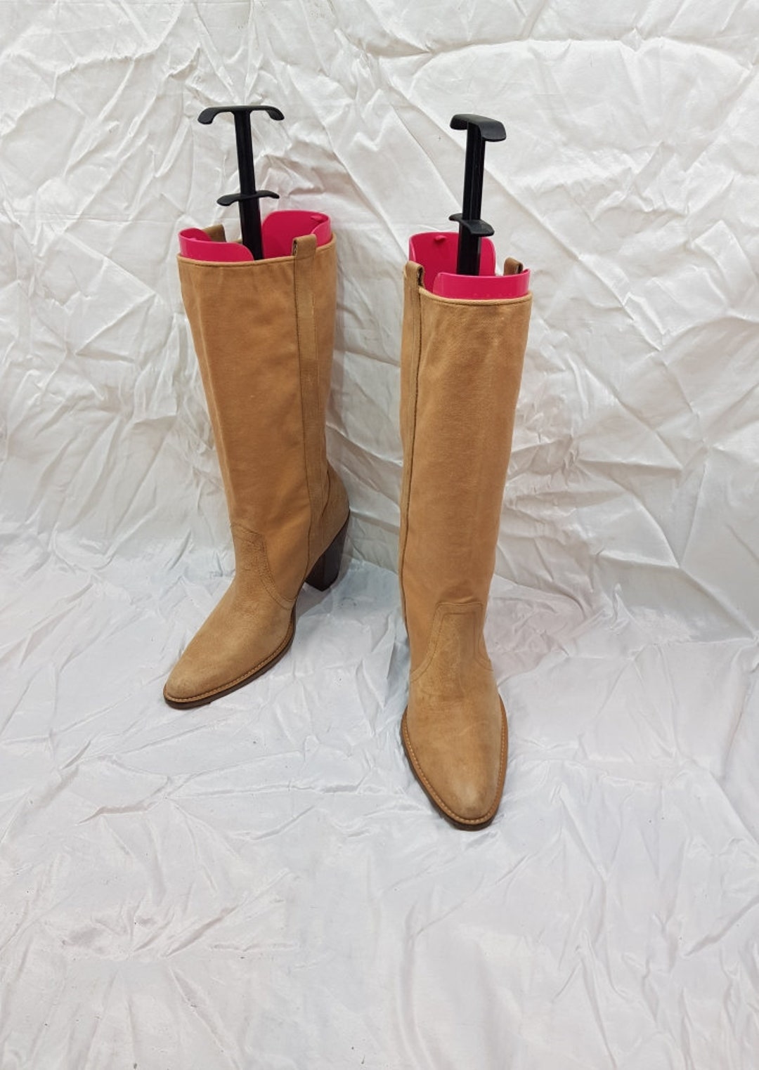 Vintage Denim Fabric Boots, Heeled Knee High Boots, Tan Leather Boots