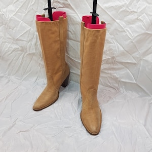 Vintage denim fabric knee high boots, heeled boots, tan leather boots women, horse riding boots, 90s high heel womens denim boots size 8 US