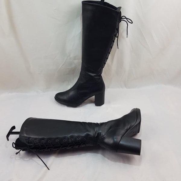 Kniehohe Gogo-Stiefel, schwarze Lederstiefel für Damen, Campus-Stiefel mit Absatz, mittelalterliche Schnürstiefel, Vintage-Cosplay-Stiefel mit Plateauabsätzen aus den 90ern