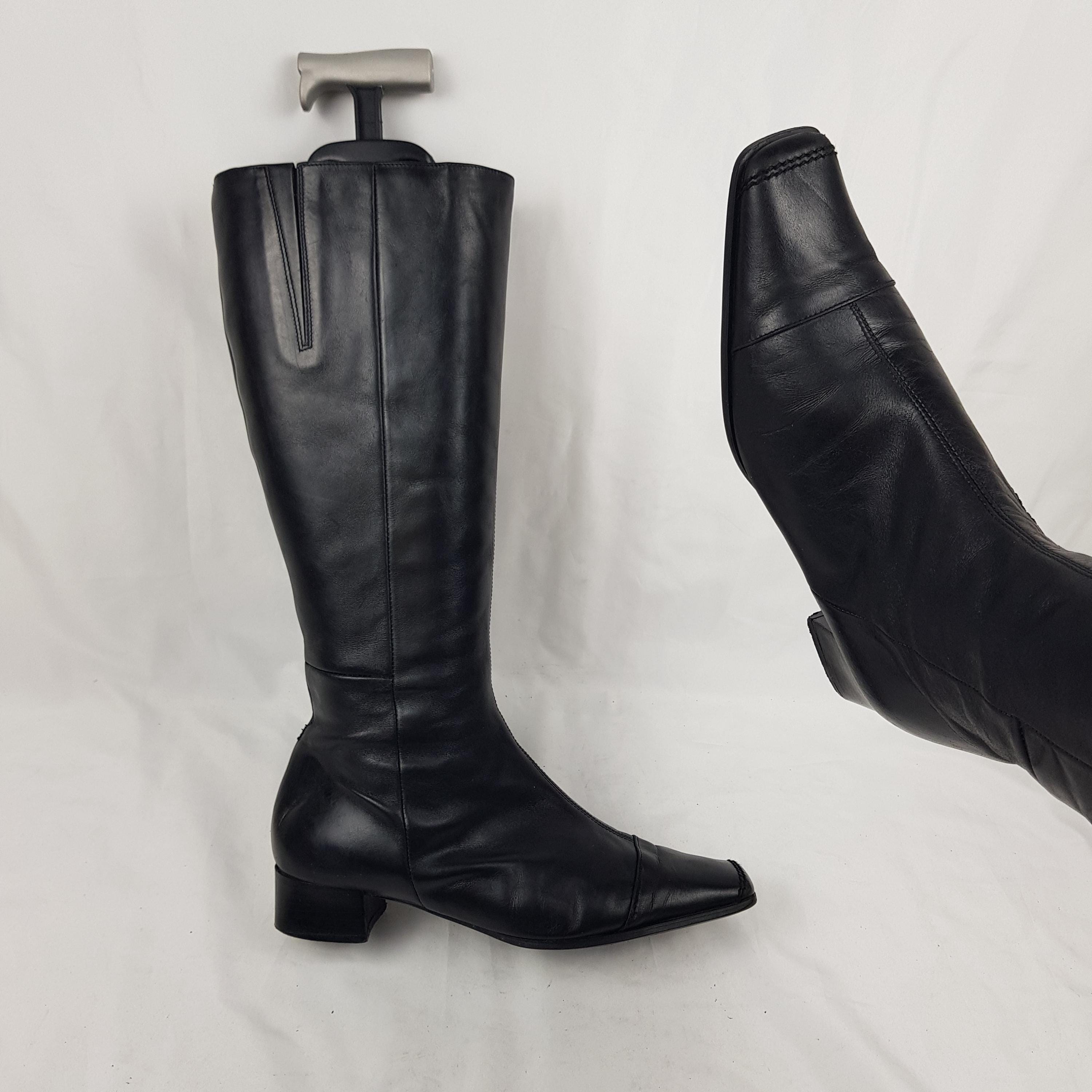 Square toe black leather boots women, retro shoes women, 90s vintage knee high heeled boots, ladies shoes, womens boots size 7 US