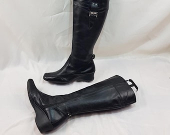 Black leather boots women, wedge vintage knee high boots, tall handmade womens boots, retro florsheim square toe boots, 90s custom boots