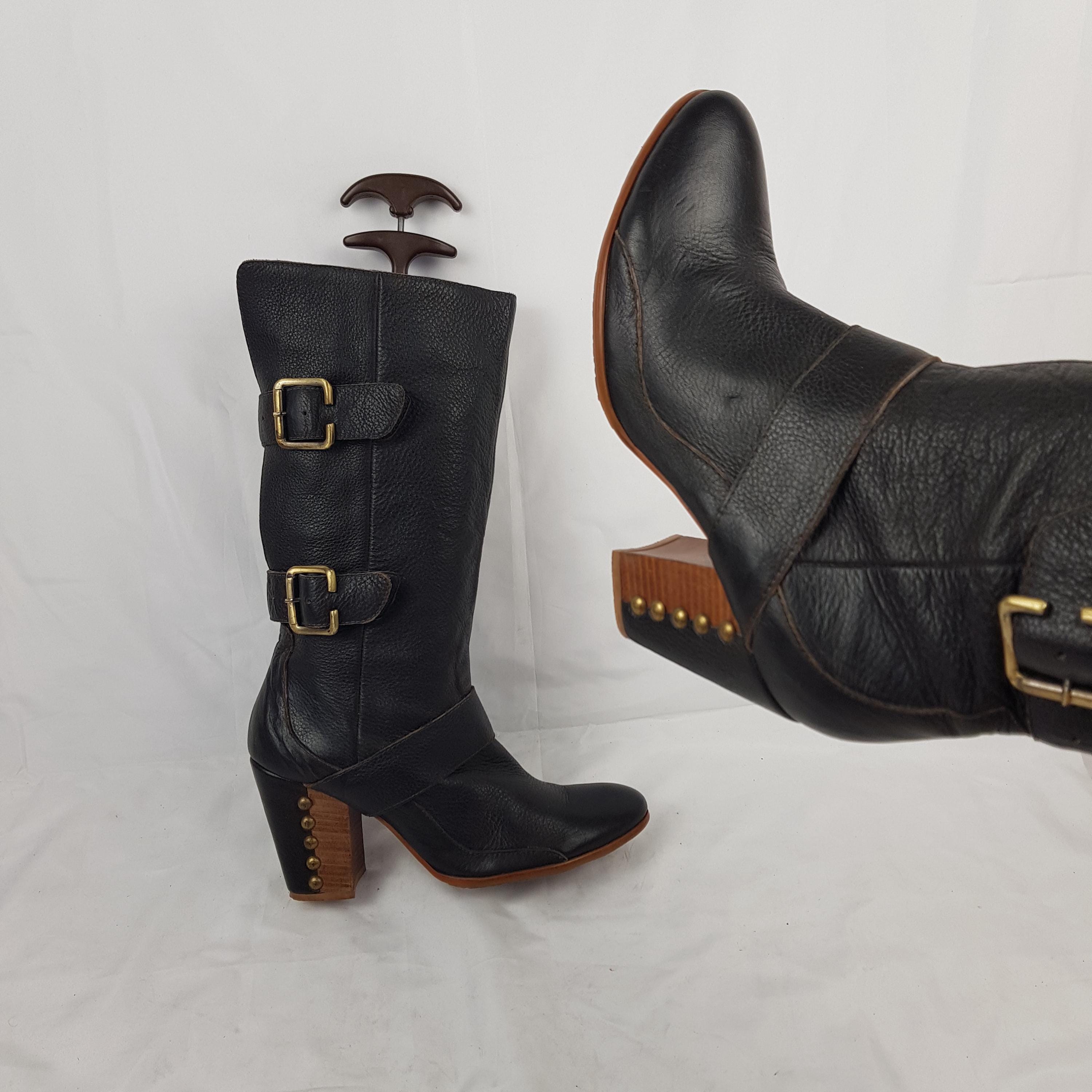 靴 y2k ring heal Buckle Boot crocoleather Y2k Leather Mid Calf Buckle Boots Women, Stiefel Damen