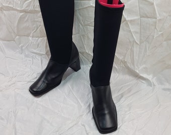 Knee high boots, gothic stretch socks boots, 90s square toe socks boots, black leather boots women, chunky heel vintage boots woman