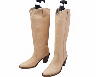 Vintage cowboy leather western boots women: Patterned knee high, cowgirl shoes, size 7 US