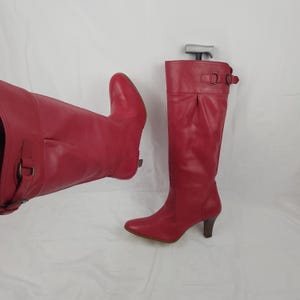 Red leather knee high wide calf boots women, burgundy boho boots high heels, retro shoes women, 90s vintage womens heeled boots size 9 US