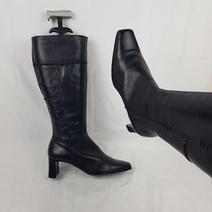 Leather knee high square toe patchwork boots women, ladies shoes, 90s black boots, shoes women, y2k vintage womens heeled boots size 7 US