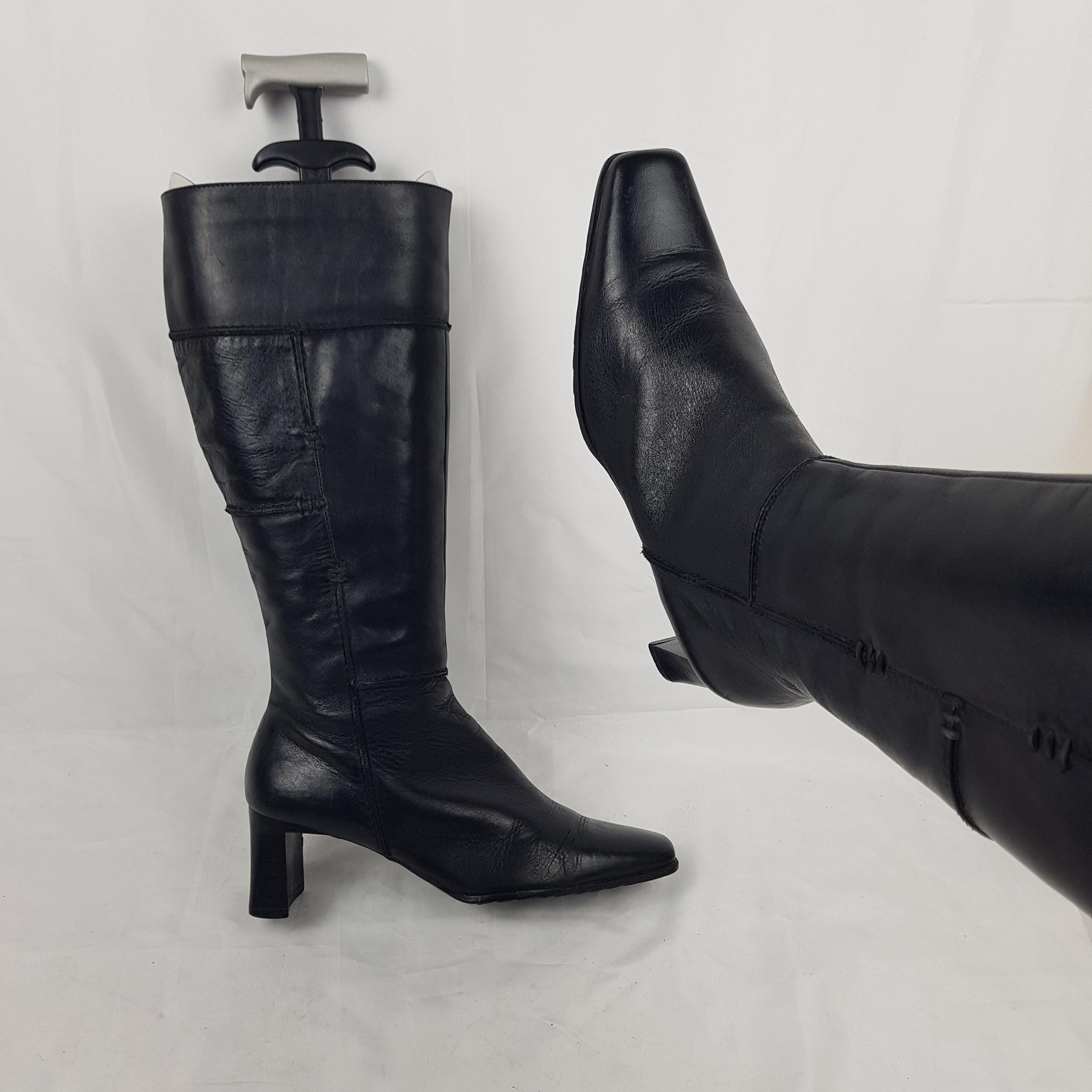 Black Leather Patchwork Square Toe Boots Women: 90s Vintage, Knee