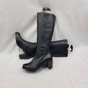 Y2k knee high leather gogo boots women, shoes women, 90s vintage boots block heel, round toe black heeled boots, womens mod boots size 8 US