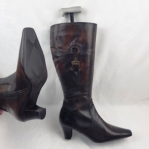 Square toe leather wide calf boots women, stiefel damen, 90s vintage heeled knee high boots, shoes women, y2k womens buckle boots size 10 US