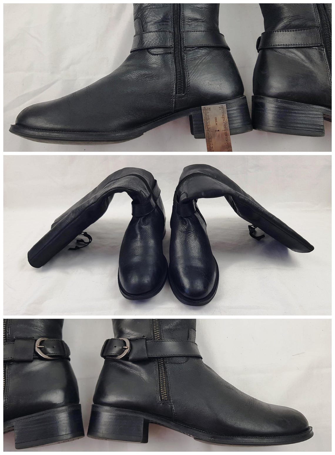 Black wide calf knee high leather boots, Y2k vintage, buckle size 7 US, foto 3 di 5