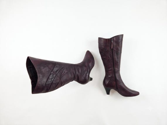 Vintage leather wide calf boots, kitten heels: Y2k knee high burgundy, size 10 US