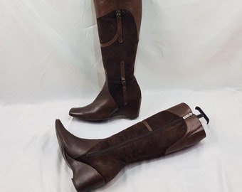 Knee high boots, 90s leather boots women, square toe handmade boots, custom shoes, vintage womens boots size 8, leather shoes, wedge boots