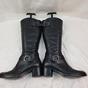 Zwarte leren kniehoge laarzen voor dames, gogo-laarzen uit de jaren 90 2 in hak, damesschoenen, vintage laarzen met heksenhakken, dameslaarzen met gesp maat 7 VS