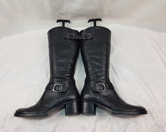 Black leather knee high buckle boots women, 90s gogo boots 2in heel, shoes women, y2k vintage witchy heeled boots, womens boots size 7 US