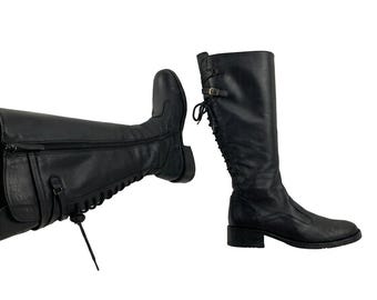 Vintage-Schnürstiefel aus Leder im Dark-Academia-Stil, Y2K, kniehoch, Größe 7 US