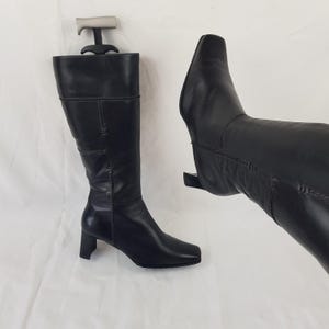 Leather square toe patchwork boots women, ladies shoes, 90s black knee high boots, shoes women, y2k vintage womens heeled boots size 7 US