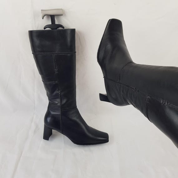 Vintage Black Leather Patchwork Boots Women - 90s… - image 1