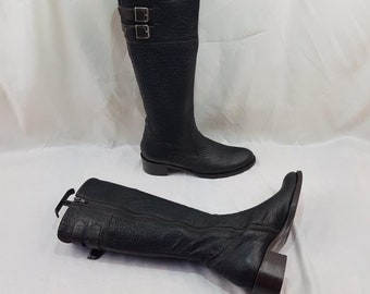 Medieval knee high boots, 90s cosplay leather boots women, handmade round toe harlow vintage boots, womens buckle tall boots size 9