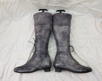 Knee high boots, shoes women, victorian oxford gray leather boots women, low heel boots, 90s vintage lace up dress boots, custom tall boots