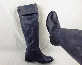 Leren overknee laarzen met omgeslagen rand: Y2k vintage boho met omgeslagen rand, hoog model, maat 7 US