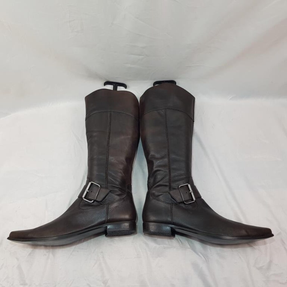 Leather tall riding slouch buckle boots women: Y2k knee high, pointed toe, US 11, photo 3 of 5