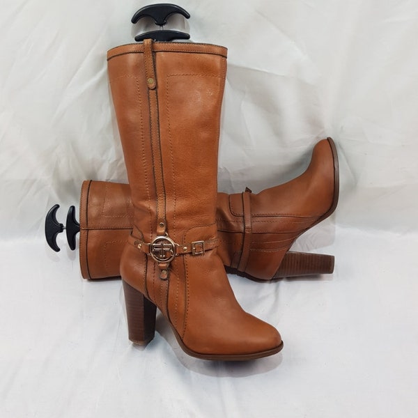 Vintage knee high boots, womens shoes, tan leather boots women, high heel boots, vintage leather shoes, round toe heeled boots, shoes women