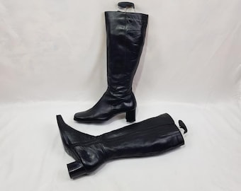 Knee high boots, square toe 90s boots, shoes women, black leather boots women, gothic tall boots chunky heel, vintage style womens boots