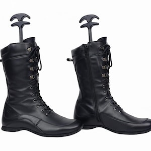Leather lace-up barefoot grounding boots women: Y2k cyberpunk steampunk black, US size 7