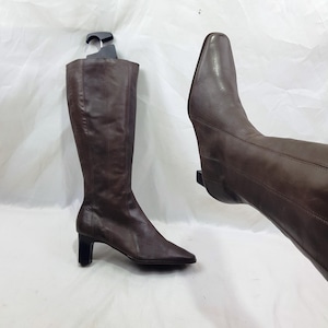 Leren kniehoge laarzen dames met vierkante neus, retrostijl jaren 90 vintage laarzen met hak, schoenen dames, damesschoenen, dameslaarzen maat 9 VS