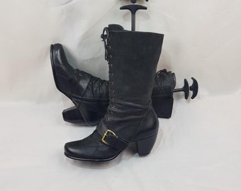 Knee high boots woman, lace up dress boots, long black leather boots women, round toe tall buckle womens boots, 90s vintage low heel boots