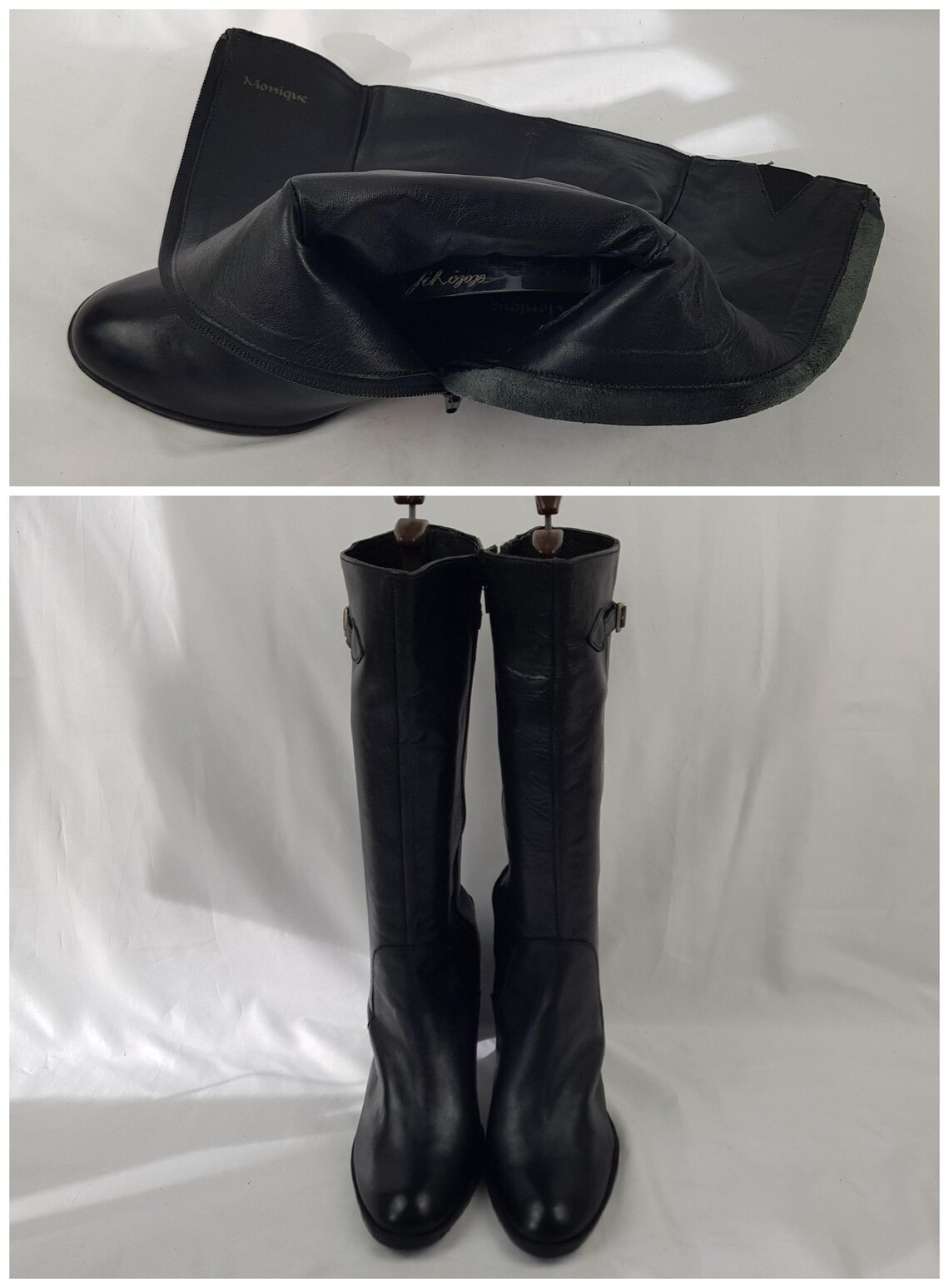 Vintage black leather heeled boots women: Y2k high heels, mid calf, 9 US, foto 3 di 5