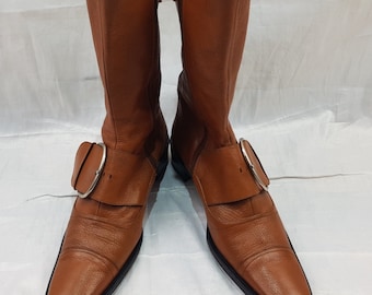 Bottes mi-mollet vintage en cuir à boucle femme : style pirate des années 90, année 2000, taille 8 États-Unis