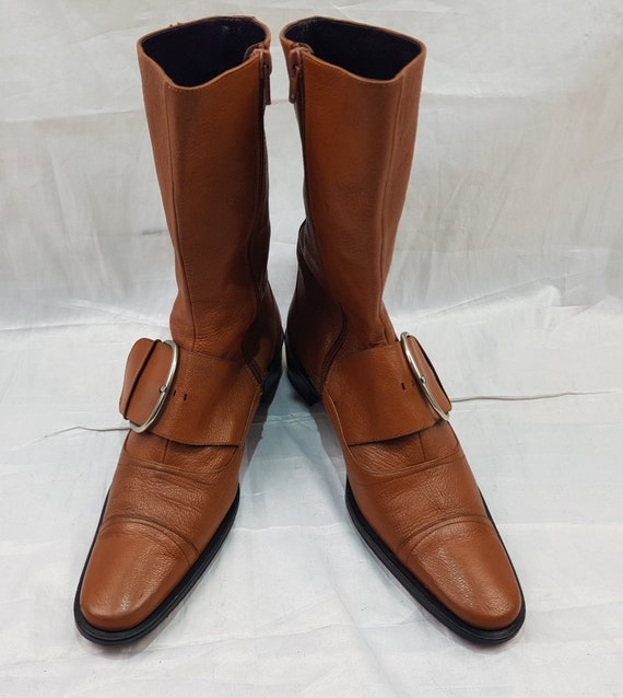 90s Brown Leather Slip On Buckle Boots Vintage 1990s by Gortz17 Vera Pelle Leather Side-Zip Buckle  main image 4